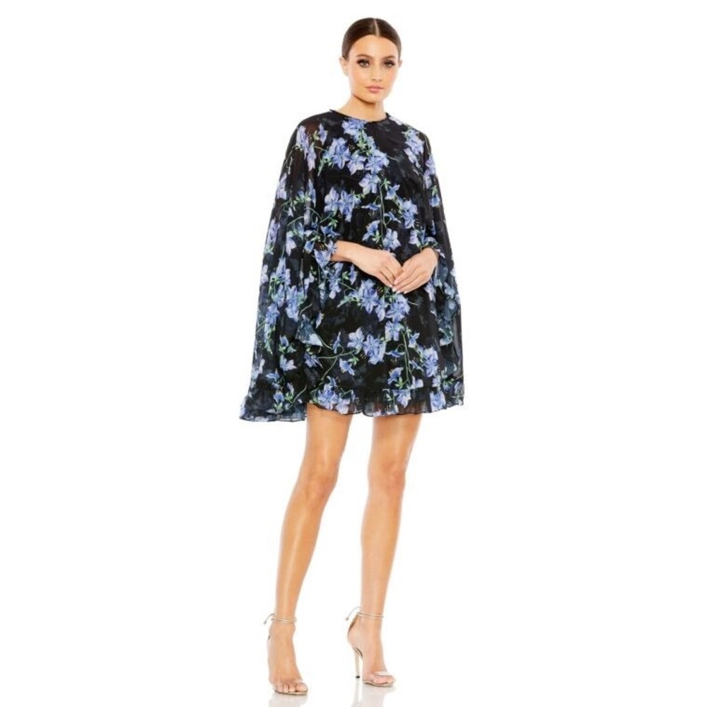 Mac‎ Duggal Floral Cape Dress Sheer Mesh Blue Flowers Ruffle Hem Party Evening
